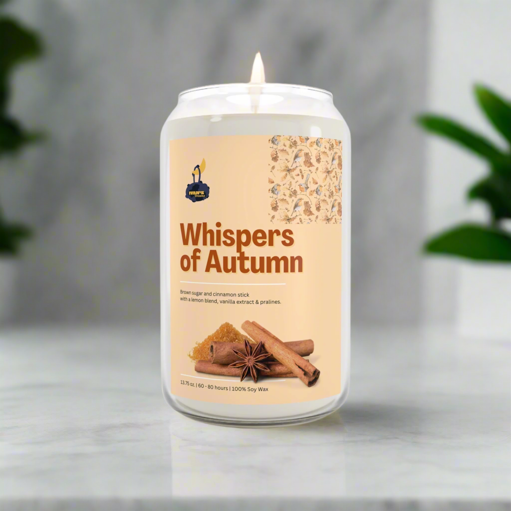 Candle labeled 'Whispers of Autumn' with a cinnamon stick and anise star on a neutral background